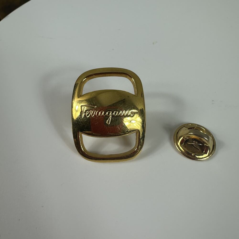 Ferragamo Vara Gold Tone Metal Logo Pin Brooch Made In Italy Designer Authentic
